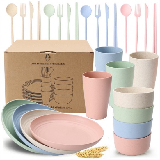 28 Pcs/Set Wheat Straw Household Tableware Gift Box Anti-Drop Bowl Cup Spoon Plate Set Color Mixing